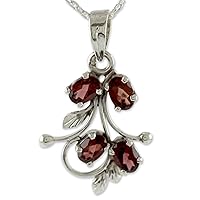 NOVICA Handmade Garnet Pendant Necklace India Jewelry .925 Sterling Silver Red Leaf Tree Birthstone 'Sonnet'