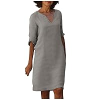 Todays Daily Deals Summer Dresses for Women 2024 Solid Color Casual Linen Loose Fit with Half Sleeve V Neck Knee Straight Dress Gray XX-Large