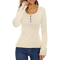 Women’s Autumn Winter Long Sleeve Henley Basic T Shirts Button Down Slim Fit Tops Scoop Neck Ribbed Slim Fitted Fall Blouse