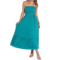 Womens Maxi Dress Bohemian Strapless Off Shoulder Dress 2024 Summer Lace Trim Backless Flowy A Line Beach Long Dress