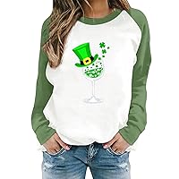 St. Patrick's Day Sweatshirts for Women Long Sleeve Color Block Green Raglan Shirts Crew Neck Loose Fit Irish Tshirts