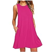 Today Deals Women's Crewneck Summer Sundress Loose Sleeveless Beach Dress Casual Tank Dress Mini Swing Sun Dresses with Pocket Light Pink Dress