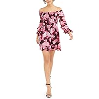Womens Pink Floral Long Sleeve Off Shoulder Short Trapeze Party Dress Size M