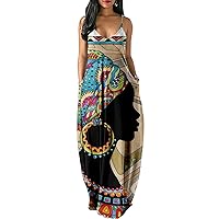 Women's Casual Summer Maxi Dress Spaghetti Strap Sleeveless Plus Size Loose Long Sundresses with Pockets