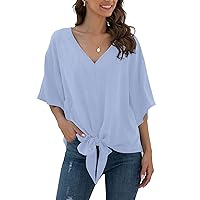 VIISHOW Womens Tie Front Chiffon Blouses V Neck Batwing Short Sleeve Summer Tops Shirts