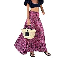 Women's Floral Print Skirt Ruffled Stretch High Waist A-Line Casual Beach Maxi Skirts