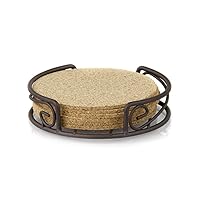 Home Basics Natural Cork 6 Piece Scroll Collection Steel Coaster Set with Holder