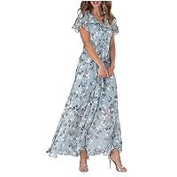 Spring Dresses for Women Fashion V-Neck Long Sleeve Solid Color Summer Dress 2024 Summer Dresses for Women 2024 Vacation Trendy Maxi Flowy Chiffon Floral Dress for Women