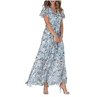 Dresses for Women 2024 Swing Long Dress Chiffon Floral Short Sleeve Ruffle V Neck Waist Flowy Dress