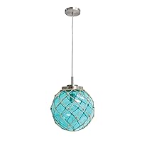 Elegant Designs PT1003-AQU Buoy Netted Brushed Nickel Coastal Ocean Sea Glass Pendant with Natural Rope, Aqua