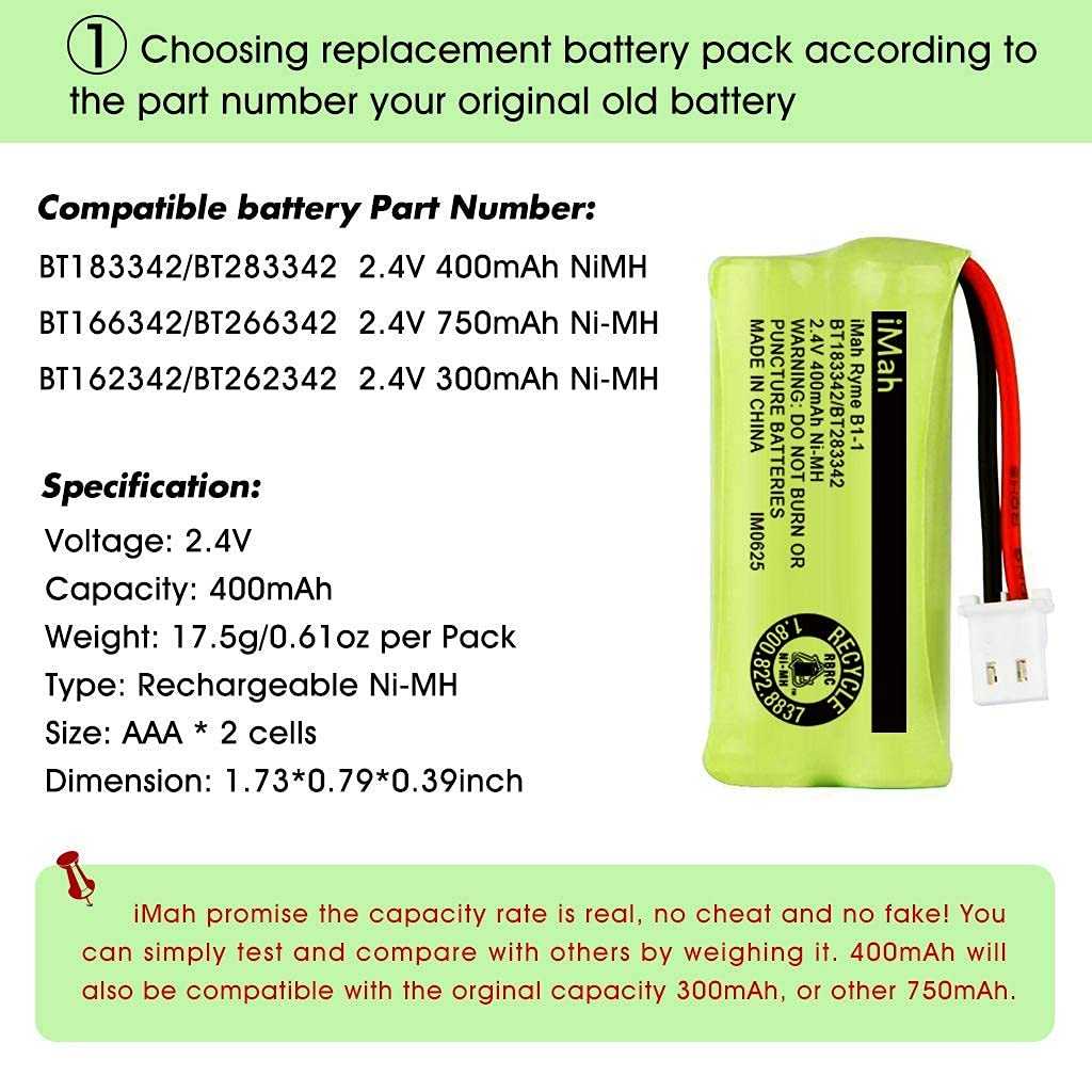 iMah BT183342/BT283342 2.4V 400mAh Ni-MH Battery Compatible with AT&T CL82207 EL52100 EL50003 VTech CS6709 CS6609 CS6409 BL102-3 Handset Replace Battery BT166342 BT266342 BT162342 BT262342, 2-Pack