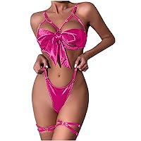 Womens Strappy Lingerie Set Hollow Out Bowknot Bra Panty Sets Sexy Roleplay Babydoll Honeymoon Lingerie Nightgown