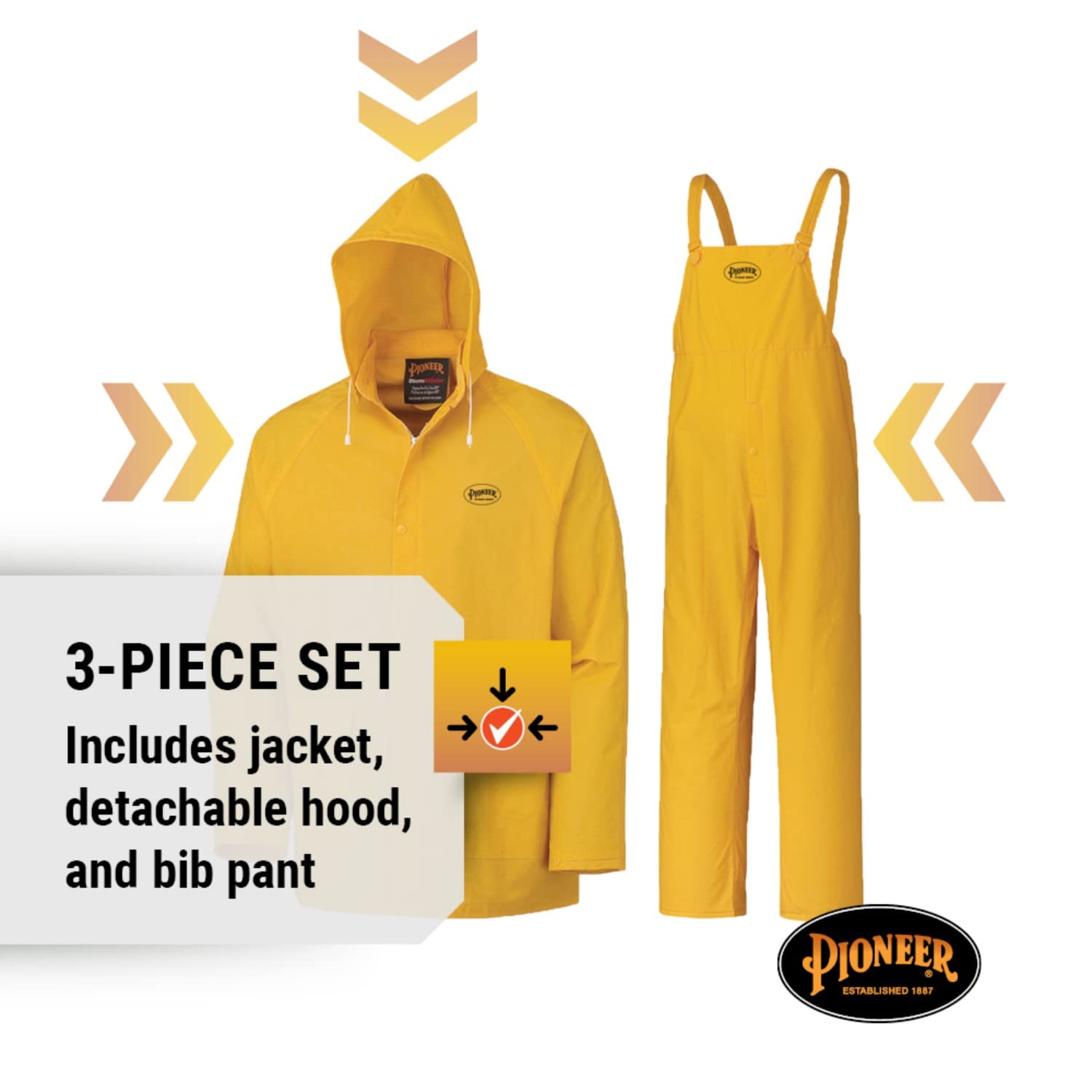 Pioneer Repel Rain Gear Safety Jacket & Bib Pants -Waterproof & Windproof PVC Work Suit for Men - 3 PC with Detachable Hood