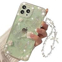for iPhone 15 Pro Clear Glitter Case, Cute 3D Butterfly Flower Pearl Bling Sparkle Shiny with Wrist Strap Chain Soft TPU Aesthetic Women Girls Phone Case for iPhone 15 Pro 6.1 inch (Clear)