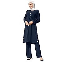 IMEKIS 2PCS Women Fashion Muslim Tracksuit Set Causal Ramadan Long Puff Sleeve Top Wide Leg Pant Suit Pray Clothes Outfit