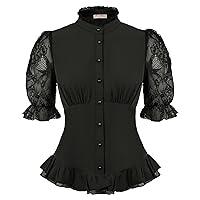 Belle Poque Womens Vintage Victorian Puff Sleeve Blouse Button Down Ruffle Dressy Shirts Tops