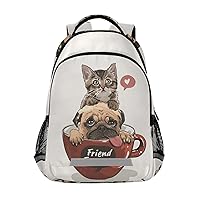 Pug Dog Cat Kitten Coffee Cup Backpacks Travel Laptop Daypack School Book Bag for Men Women Teens Kids