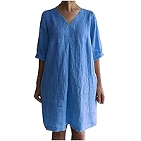 Women's Casual Summer T Shirt Dress Loose 3/4 Sleeve V Neck Tunic Dress Linen Dresses Beach Flowy Sundress for Women