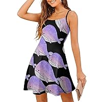 Space Whale Spaghetti Strap Mini Dress Sleeveless Adjustable Beach Dresses Backless Sundress for Women