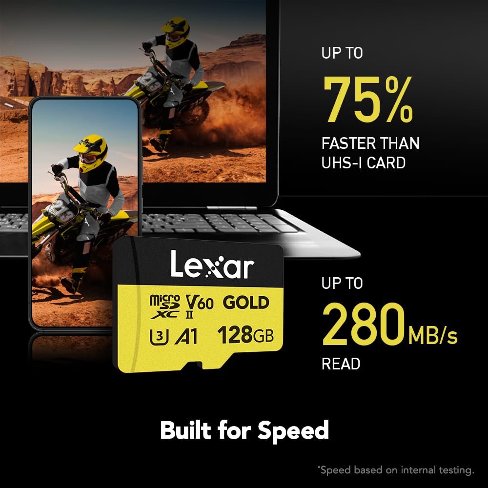 Lexar Professional Gold 128GB microSDXC UHS-II Card, C10, U3, V60, A1, Full HD, 4K UHD, Up to 280/180 MB/s, for Drones, Action Cameras, Portable Gaming Devices (LMSGOLD128G-BNNNG)