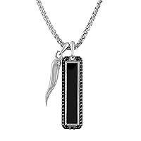 Bulova Jewelry Men's Icon Black Onyx and Black Diamond Amulet Sterling Silver Pendant and Rounded Box Link Chain Necklace, Length 24-26
