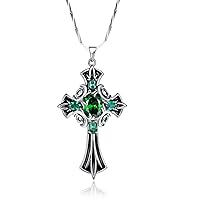 Merthus 925 Sterling Silver Vintage Created Emerald Celtic Cross Necklace for Women