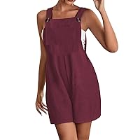 Shorts Romper For Women Summer Cotton Linen One Piece Adjustable Strap Stretchy Beach Playsuits For Women With Pocket