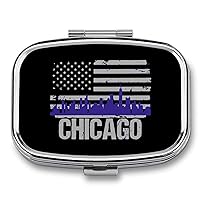 Chicago Skyline American Flag Rectangular Pill Box Portable Medicine Pill Case 2 Compartment Pill Organizer for Travel Pocket Purse