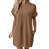 Summer Dresses for Women 2024,Womens Solid Crewneck Short Sleeve T-Shirt Dress Loose Beach Vacation Mini Dress