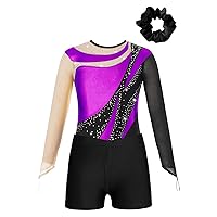 Kids Girls Gymnastics Bodysuit with Shorts Set Ballet Dance Leotard Matching Hair Scrunchie Tank Unitards