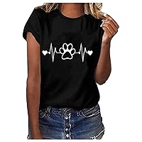 Valentines Shirt for Women Cute Dog Paw Heartbeat Print T-Shirt Loose Fashion Short Sleeve Tops Casual Round Neck Tees