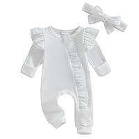 Newborn Baby Girl Ruffle Romper Knit Sweater Onesie Jumpsuit Long Sleeve Zipper Footies Solid Fall Winter Outfits (Waffle Ruffle White,Newborn)