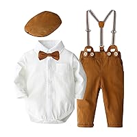 Baby Boys Christening Gentleman Clothes Bow Tie Shirt Romper with Suspender Pants Beret Set