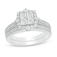 1 Cttw Princess-Cut Quad Diamond Frame Vintage-Style Engagement Wedding Ring Bridal Set in 10K White Gold (I-J/12)