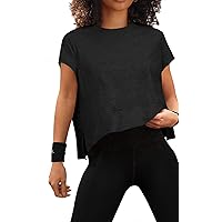 MEROKEETY Womens Summer Short Sleeve Crop Tops Side Slit Athletic Gym Workout Yoga Tee Shirts