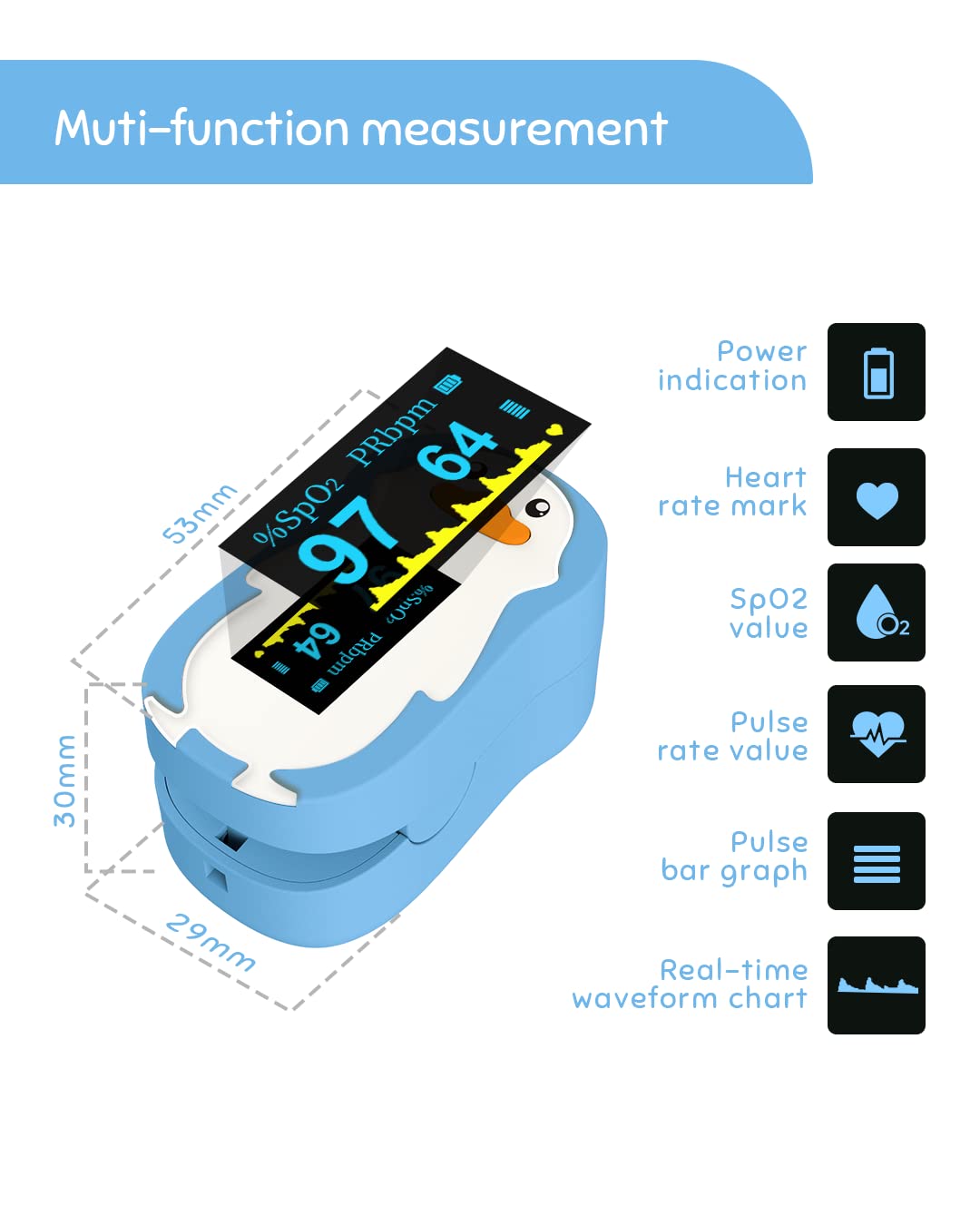 Pulse Oximeter for Kids, Vibeat Fingertip Blood Oxygen Meter with Smart Reminder for Children, Home Oximeter Finger with Pulse, Batteries & Lanyard Included, FSA/HSA Eligible, Blue