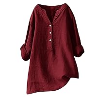 Cotton Linen Shirts for Women Plus Size 3/4 Length Sleeve Tops Casual Loose Fit Round Neck Tees 2024 Summer Blouses