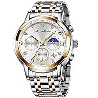 Men Gold Watches Luxury Diamond Men Watch Calendar Business Dress Bling Watch for Men Big Face Quartz Analog Waterproof Luminous Casual Stainless Steel Male Wrist Watch