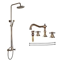 Antique Brass 2 Functions Shower Fixture 8-inch Rain Shower Head Sets 2 Cross Knobs Wall Mounted With Matching Antique Brass Widespread Bathtub Faucet 2 Handle 3 Hole Deck Mount Bathroom Sink Faucet