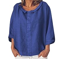 Women's Linen Summer Tops Lapel 3/4 Sleeve Gauze Plain Shirts Casual Loose Fit Flowy Tunics Cotton Oversized 2024