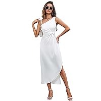 Women's One Shoulder Satin Silk Backless Split Wrap Hem Twist Ruched Summer Party Cocktail Midi Dress