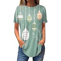 Women's Easter Outfit Fashion Casual Positive Shoulder Round Neck Print Short Sleeve Pullover T-Shirt Top, S-3XL