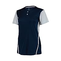 Russell Athletic 2-Button Color Block Jersey-Stylish Short Sleeve Baseball & Softball Shirt for Active Women