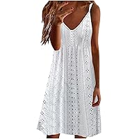 Women Hollow Eyelet Sling Dress Summer V Neck Spaghetti Strap Mini Dresses Solid Flowy Beach Sundress Resort Sun Dress