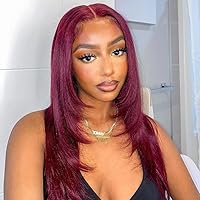 Layered Cut Straight Burgundy Glueless 13x4 Lace Front Wig Pre Plucked Baby Hair For Black Women Glueless Long Brazilian Human Hair Red-16inch 130% Burgundy Color