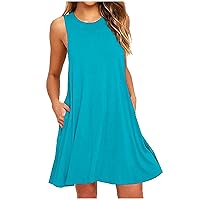 Summer Dresses for Women 2024 Solid Color Swing Boho Sundresses O Neck Sleeveless Beach Cover Up Dress with Pockets