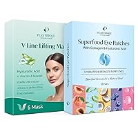 Plantifique V-Line Collagen Mask for face 5 PCS Chin Strap for Double Chin and Superfood Under Eye Patches Dark Circle 12 Pairs with Hyaluronic Acid Green Tea Collagen Coconut Eye Mask for Dark Circle