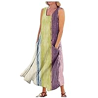 Dresses for Women 2024 Casual Women's Cotton Linen Loose Fit Pockets Long Dress Plain Sleeveless Dress Plus Size