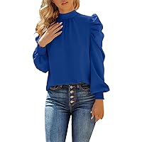Women Button Shirt Ladies Solid Color Long Stand Collar Puff Sleeve Tie Back Casual Fashion Top Stretch (Blue, S)