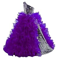 Girl's Sequins One Shoulder Pageant Dresses Detachable Ruffled Organza Princess Gown Flower Girl Dresses Purple